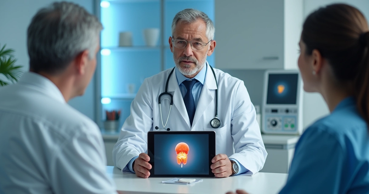 Médico mostrando tratamento por vapor da próstata