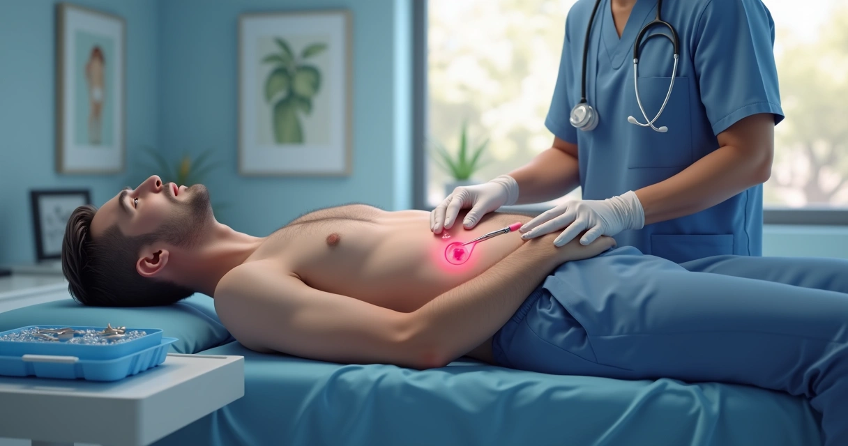 Ilustração mostrando o procedimento de vasectomia masculina 