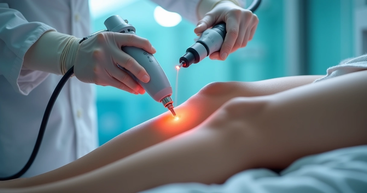 Médico realizando tratamento minimamente invasivo em pernas 