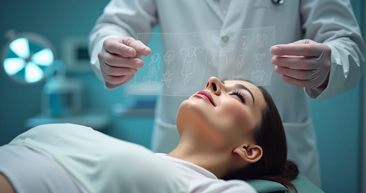 Profissional de saúde segura desenhos demonstrando tipos de cirurgia plástica facial e corporal 