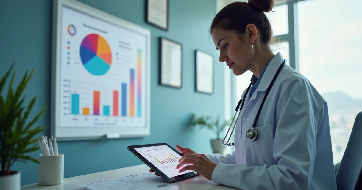 Profissional de saúde analisando procedimentos em consultório 