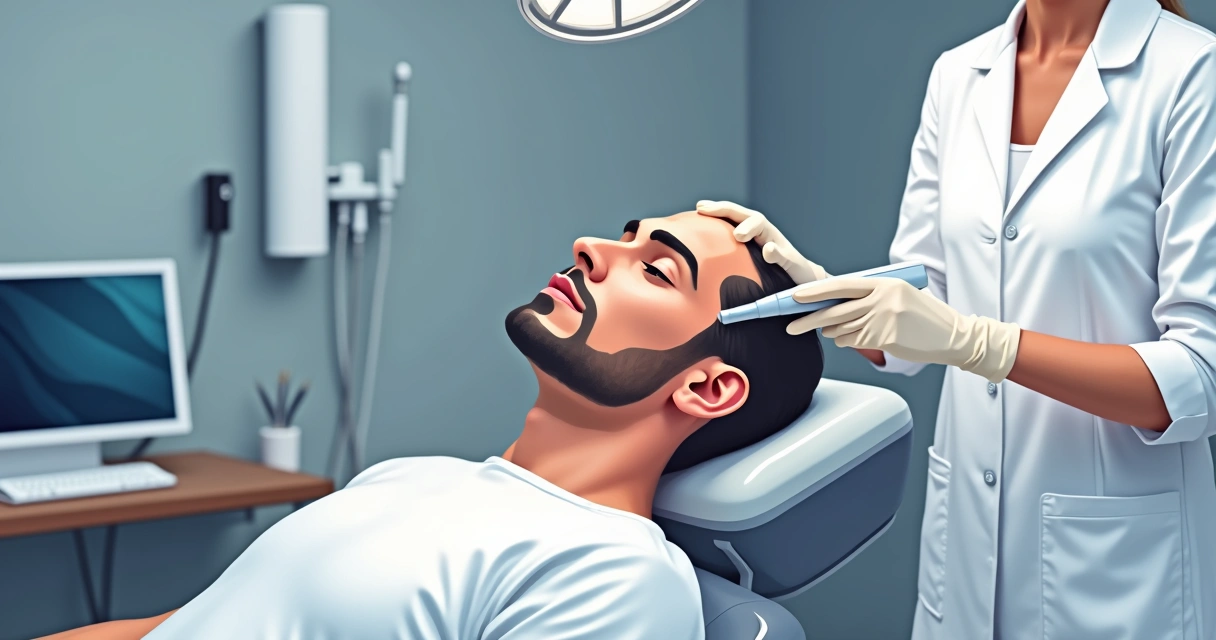 Homem recebendo procedimento estético facial em clínica masculina. 
