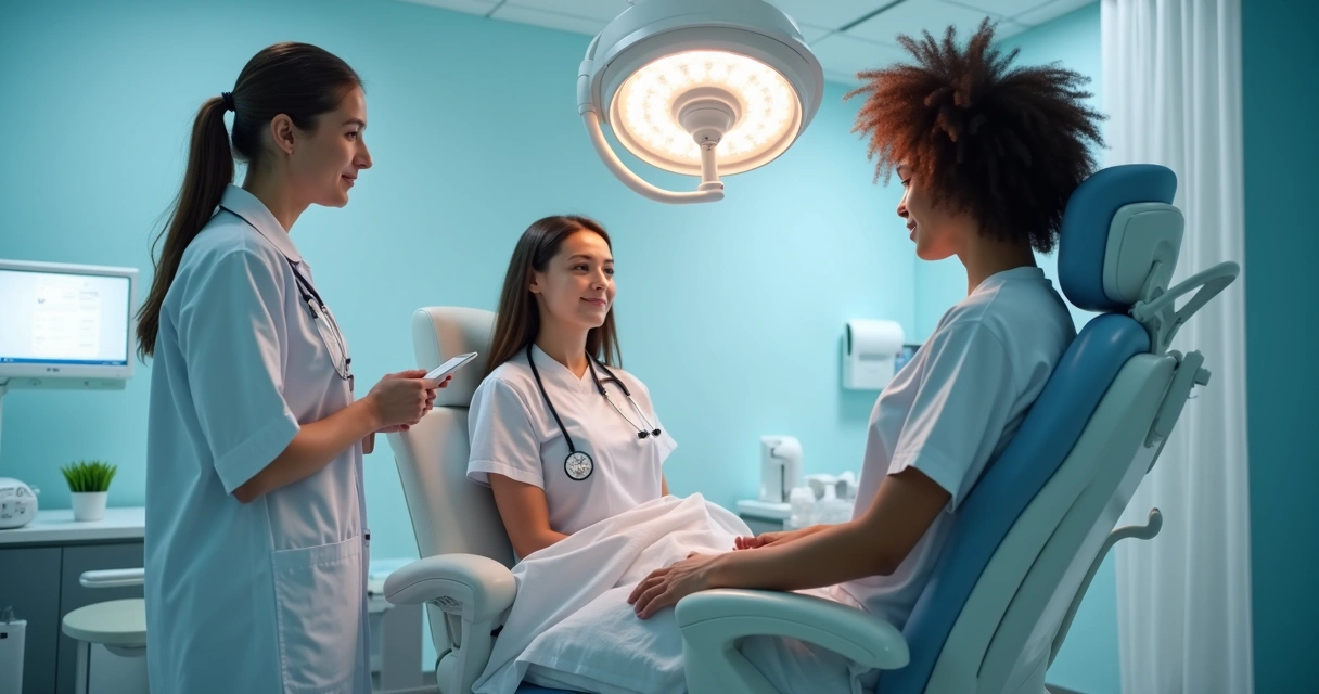 Equipe médica realizando procedimento ginecológico moderno em consultório equipado 