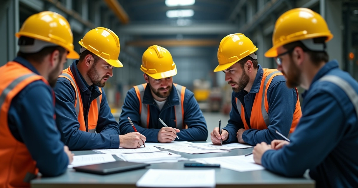Trabalhadores reunidos revisando procedimento operacional em altura 
