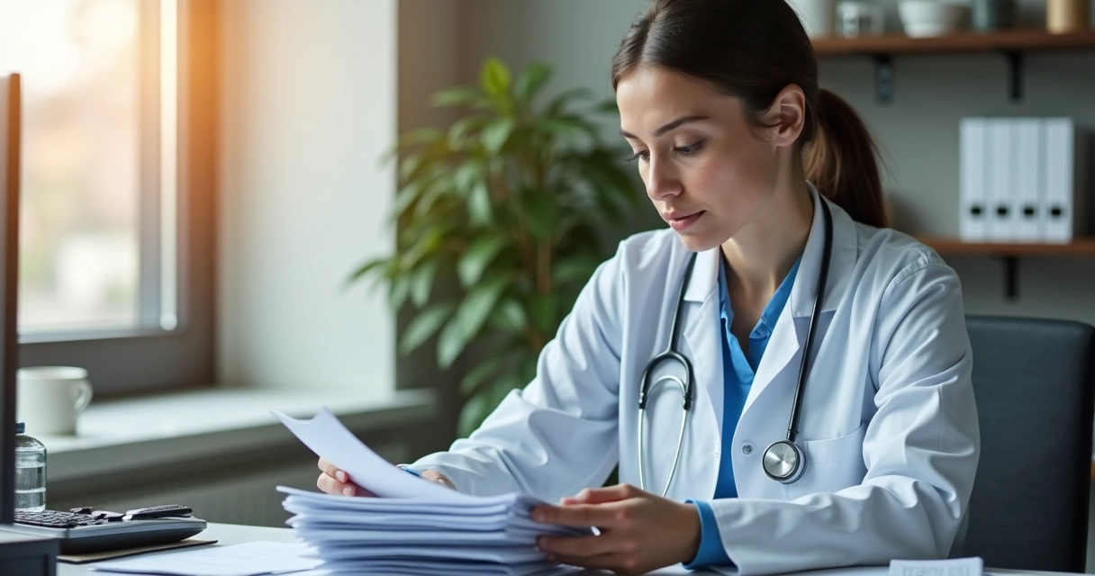 Profissional de saúde analisando documentos de procedimentos médicos em consultório 