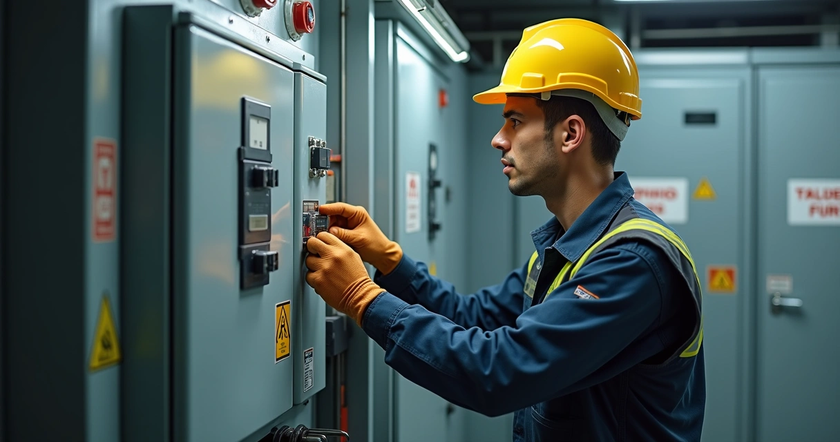 Técnico realizando manutenção elétrica em painel com equipamentos de proteção