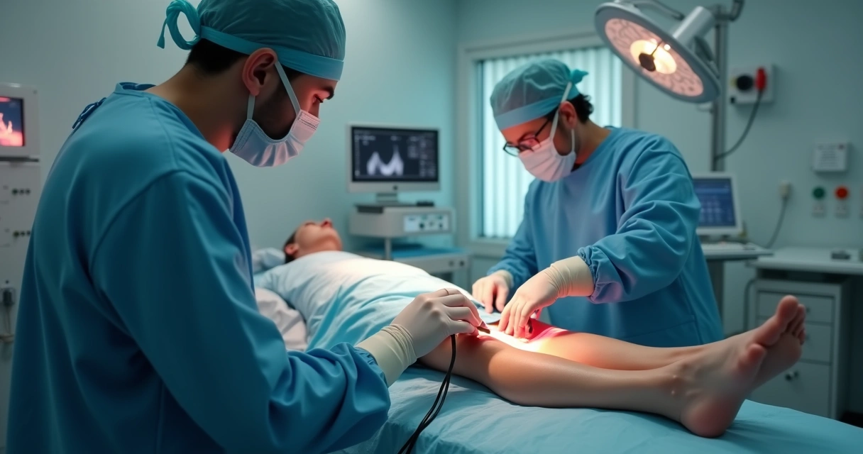 Médico realizando procedimento venoso minimamente invasivo na perna 