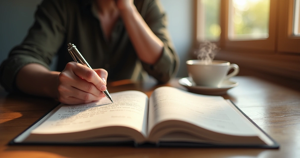 Cuaderno de autoconocimiento con notas escritas a mano y una persona reflexionando 