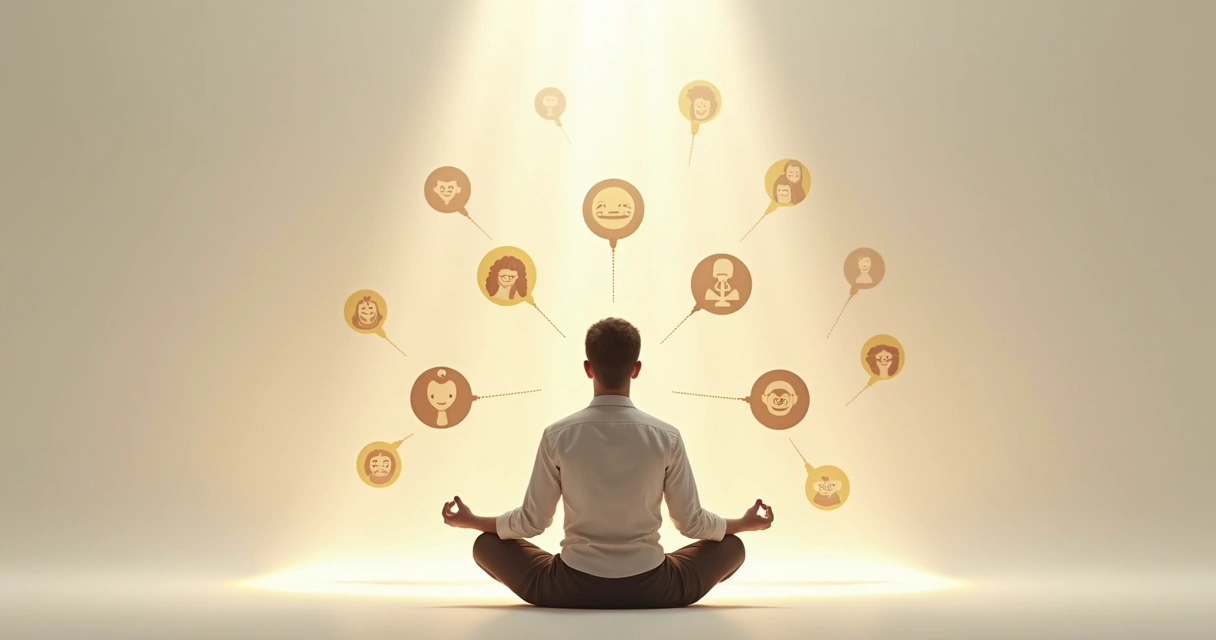 Persona meditando rodeada de símbolos de emociones y pensamientos