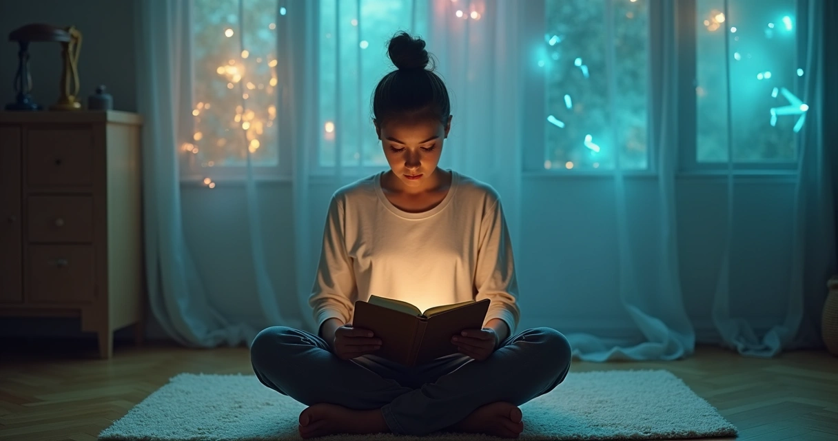 Persona sentada en posición reflexiva con cuaderno, rodeada de colores suaves que representan emociones variadas 