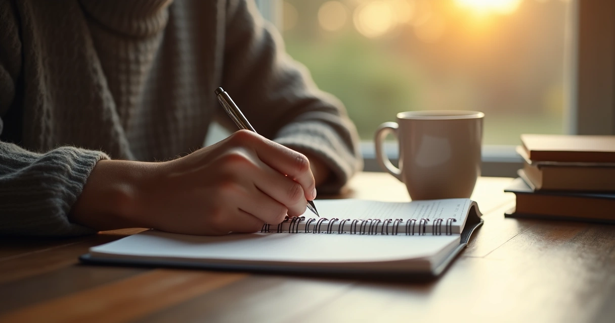 Persona escribiendo en un cuaderno reflexionando