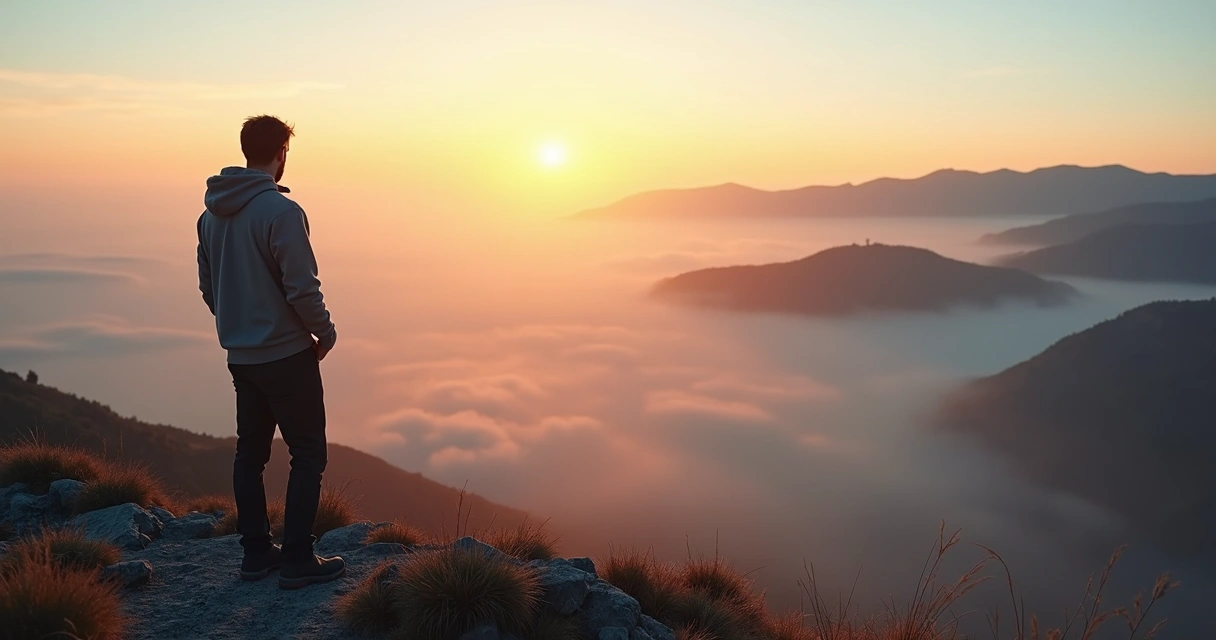 Hombre en una montaña, contemplando el amanecer sobre el valle cubierto de niebla