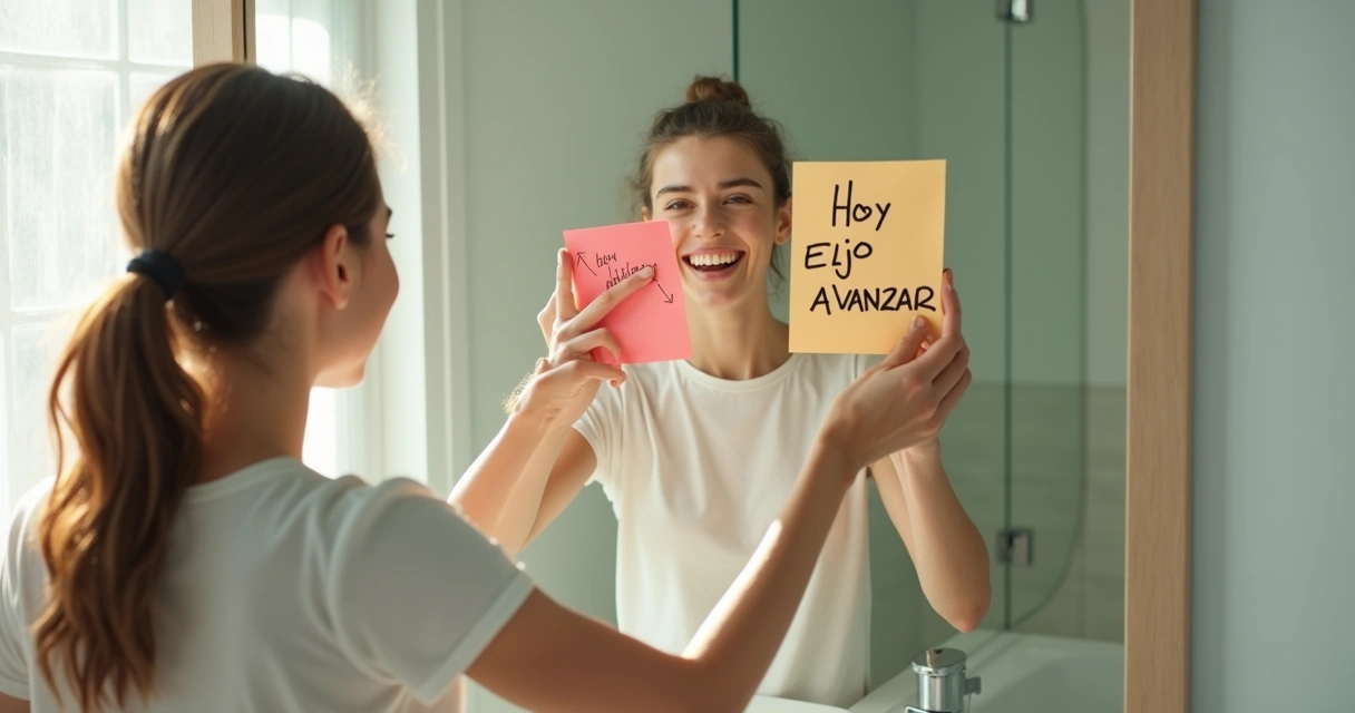 Persona sonriendo y colocando una nota adhesiva motivacional en un espejo 