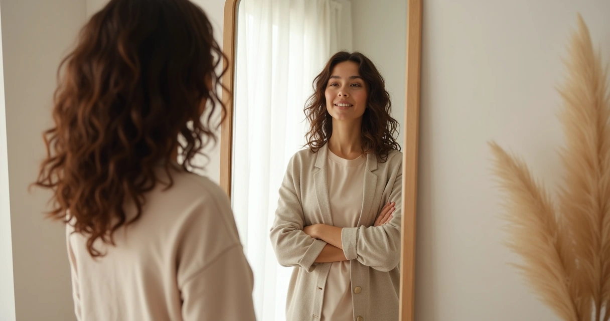 Persona reflexionando frente a un espejo en una habitación tranquila 