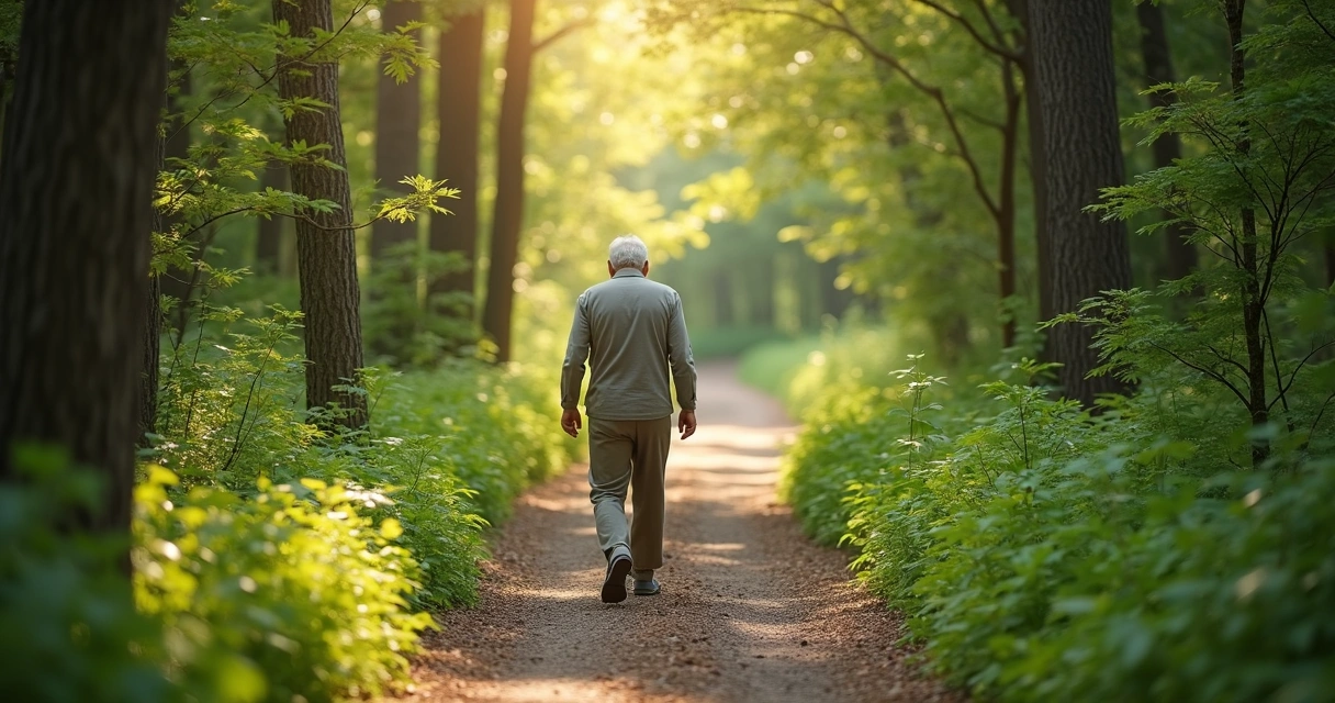 Persona mayor caminando sola por sendero rodeado de naturaleza