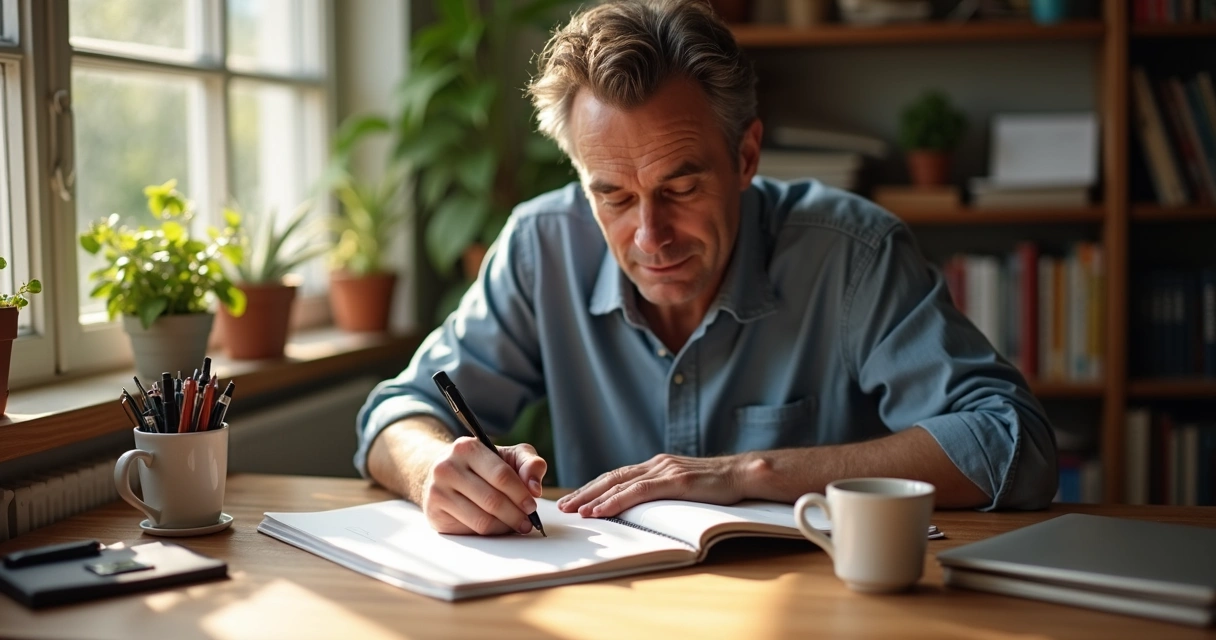 Persona reflexionando frente a un cuaderno con anotaciones de objetivos y sentimientos 