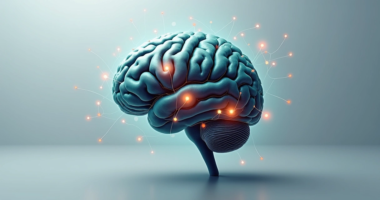 Ilustración detallada de un cerebro humano con diferentes secciones iluminadas, representando el proceso de pensamiento y el flujo de creencias implícitas. 