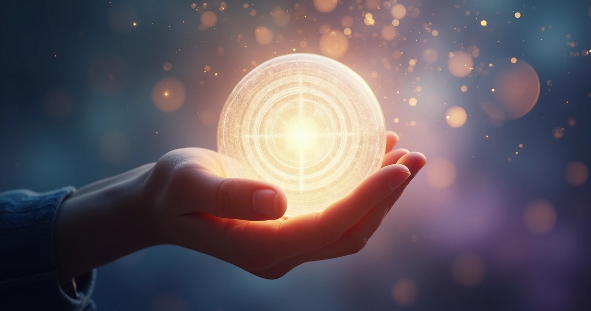 Mano sosteniendo una esfera luminosa rodeada de patrones concéntricos y símbolos de energía