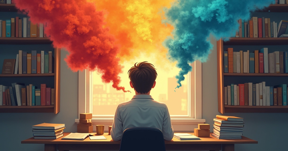 Dibujo de una persona sentada con libros y papeles, pero rodeada de nubes de colores que representan emociones 