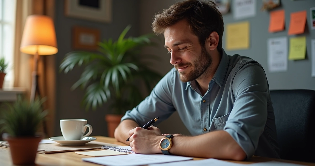 Persona reflexionando sobre un error con actitud positiva, tomando notas en un cuaderno. 