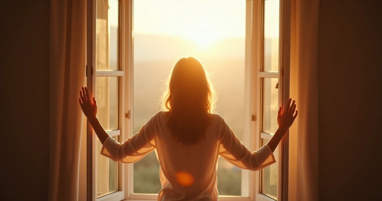 Persona de pie junto a una ventana abierta, luz natural entrando, expresión serena, gesto de apertura y reflexión