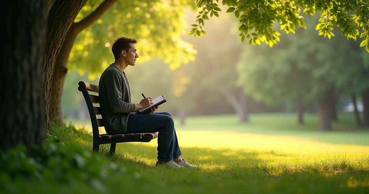Persona sentada reflexionando en un entorno natural con libreta en las manos 