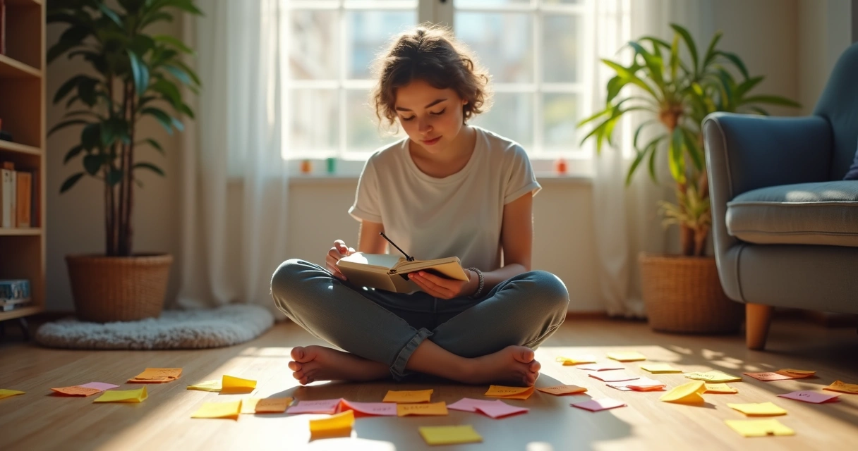 Persona reflexionando en un espacio sereno, cuaderno en mano. 