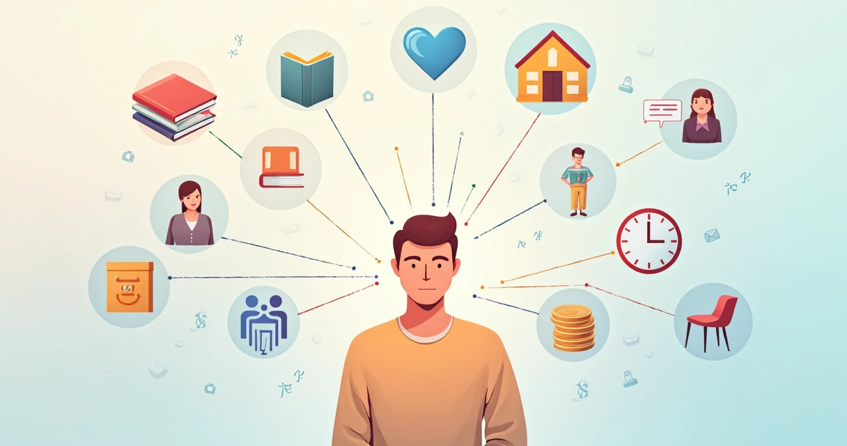 Ilustración de un proceso de transformación humana con personas, emociones y entorno interconectados