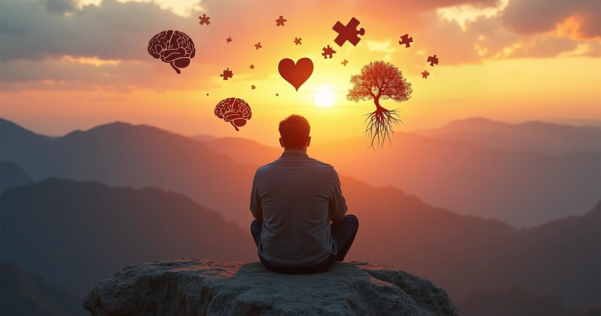 Persona reflexionando en soledad, rodeada de símbolos de autoconocimiento