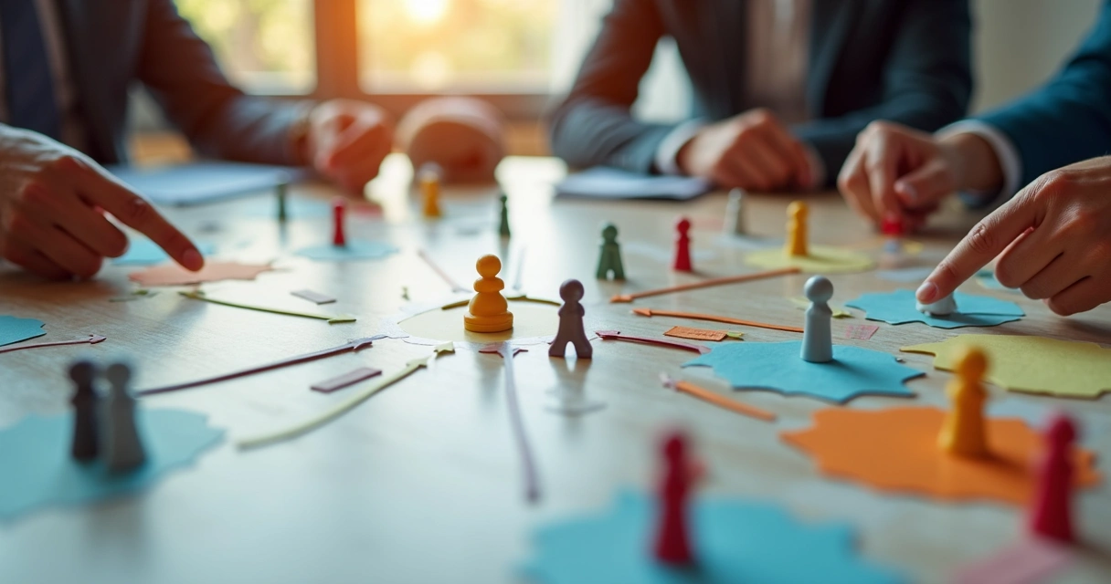 Elementos simbólicos representando procesos organizacionales conectados sobre una mesa 