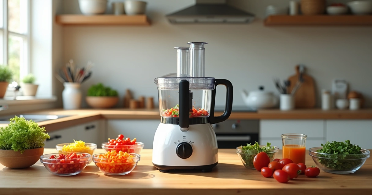 Processador de alimentos em uma bancada com legumes picados e um bowl ao lado 