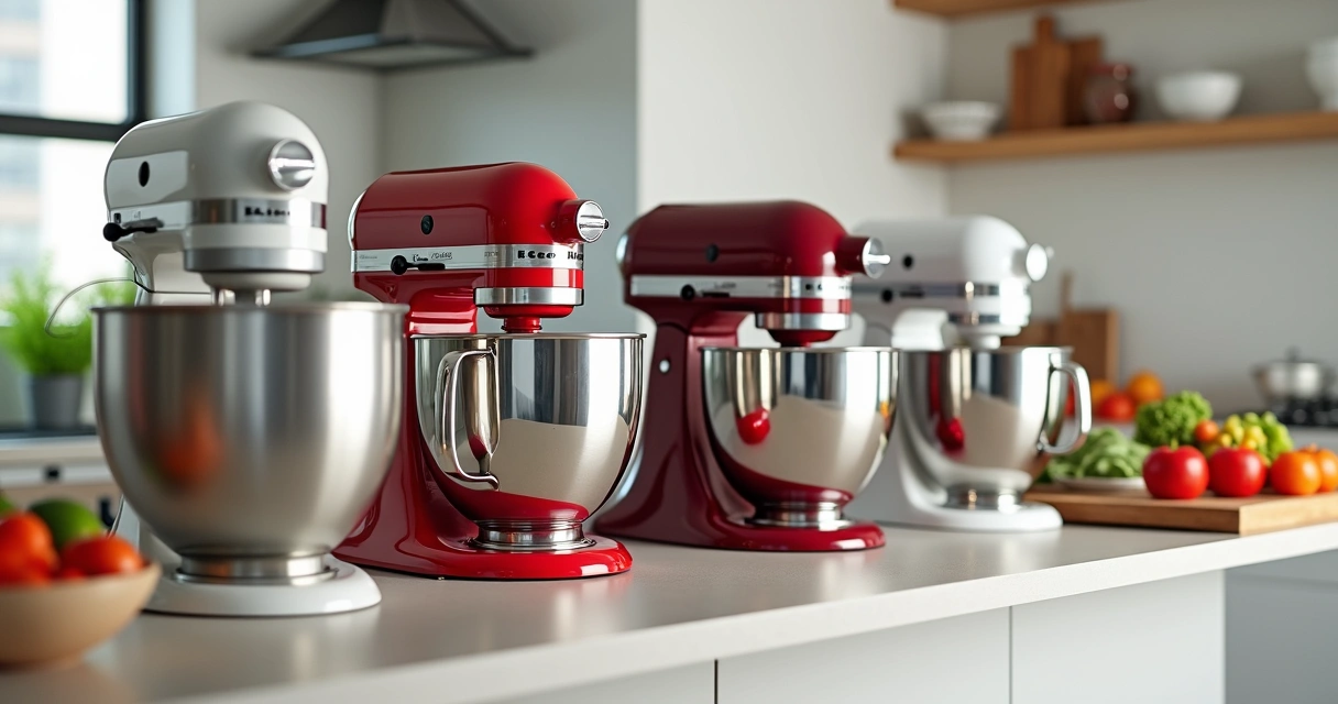 Processadores de alimentos de diferentes marcas lado a lado em bancada de cozinha 