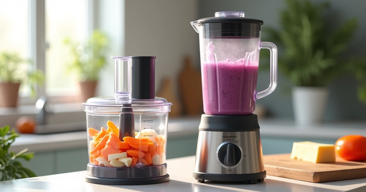 Processador de alimentos e liquidificador lado a lado sobre bancada de cozinha. 