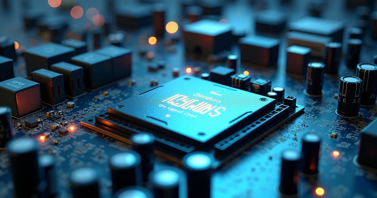 Placa eletrônica industrial com processador central destacado 