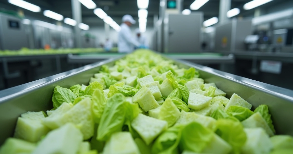 Linha de processamento de alface pré-cortada em ambiente industrial 