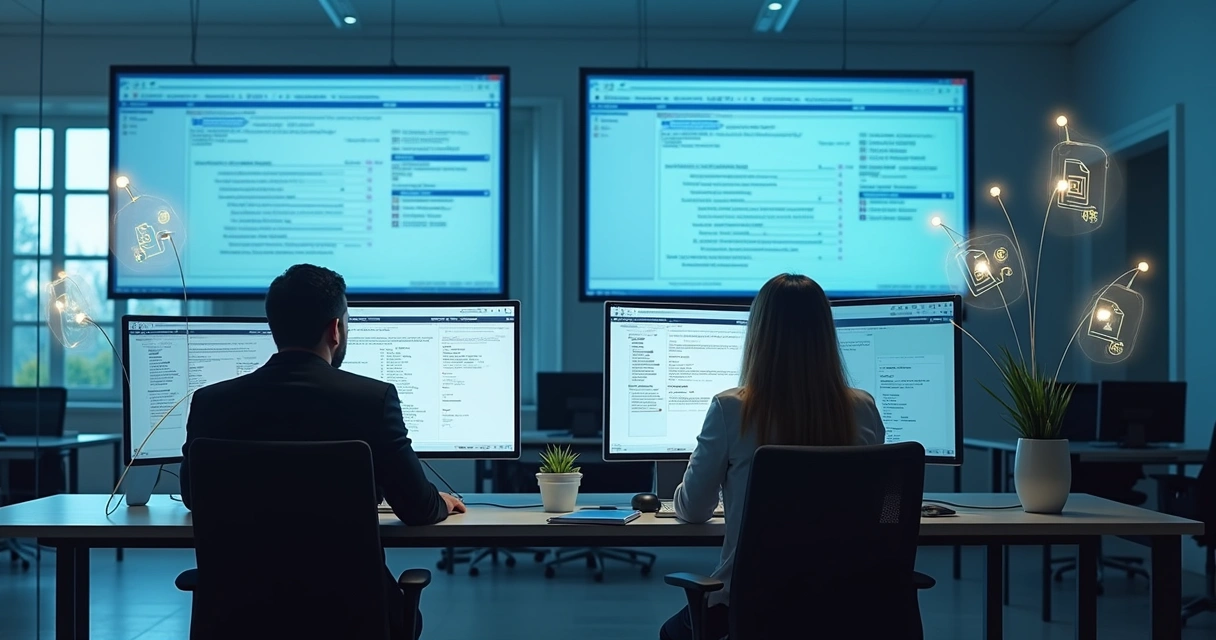 Equipe analisando arquivos XML de notas e SPED em computadores modernos 