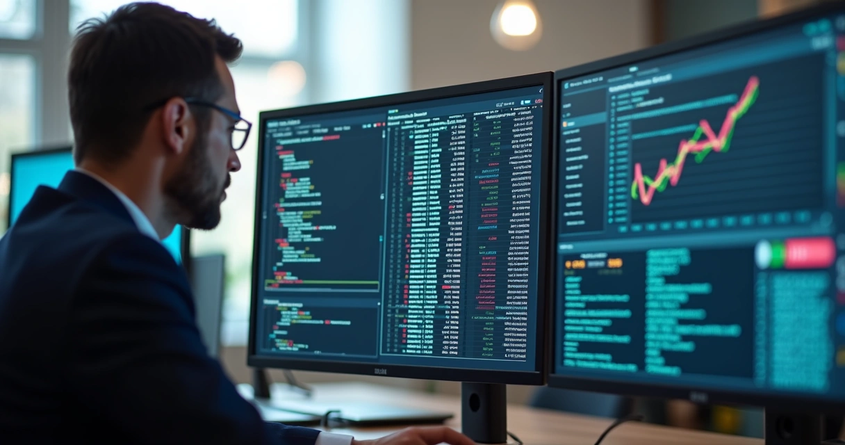 Profissional analisando planilhas e xmls fiscais em duas telas de computador 