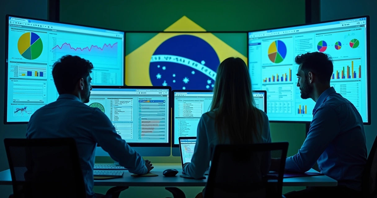 Equipe analisando gráficos fiscais em telas digitais 