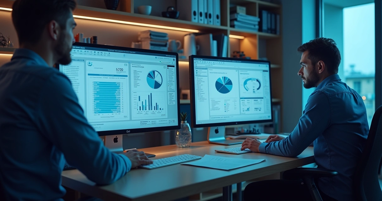 Painel digital exibindo gráficos de dados fiscais, notas fiscais eletrônicas e relatórios tributários em tela 