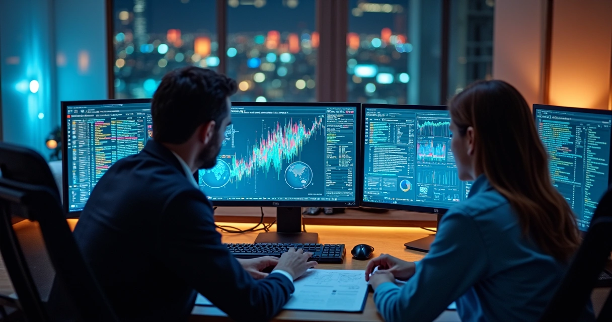 Telas de computador mostrando gráficos de processamento de dados fiscais