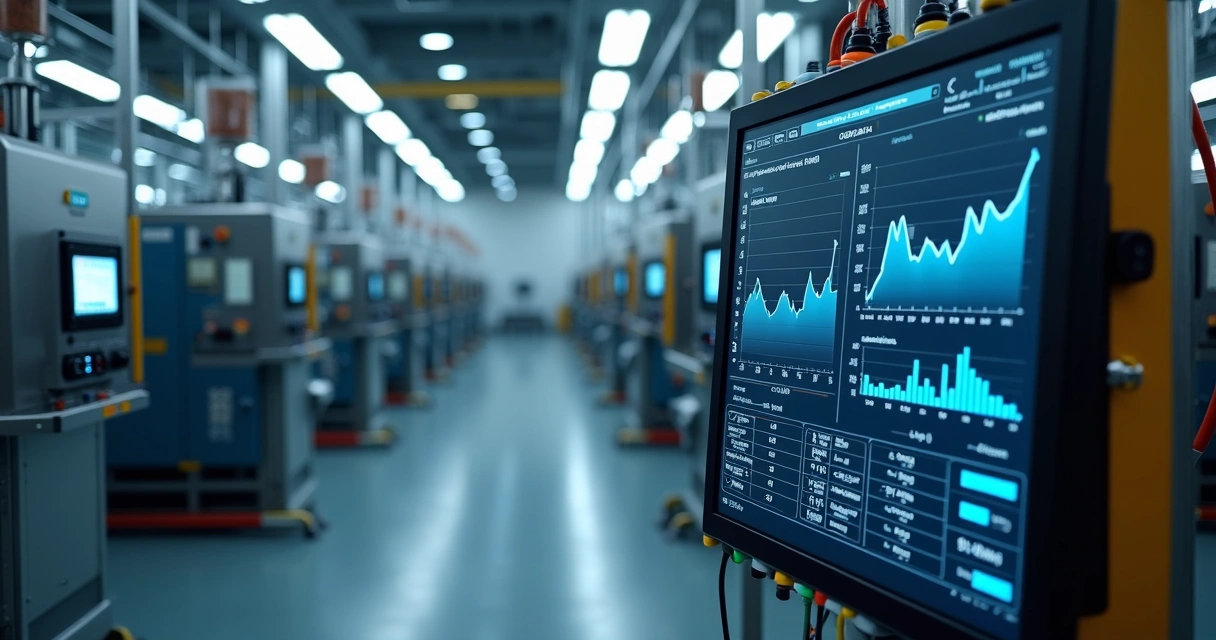 Ambiente industrial com sensores em equipamentos e computador processando dados localmente 