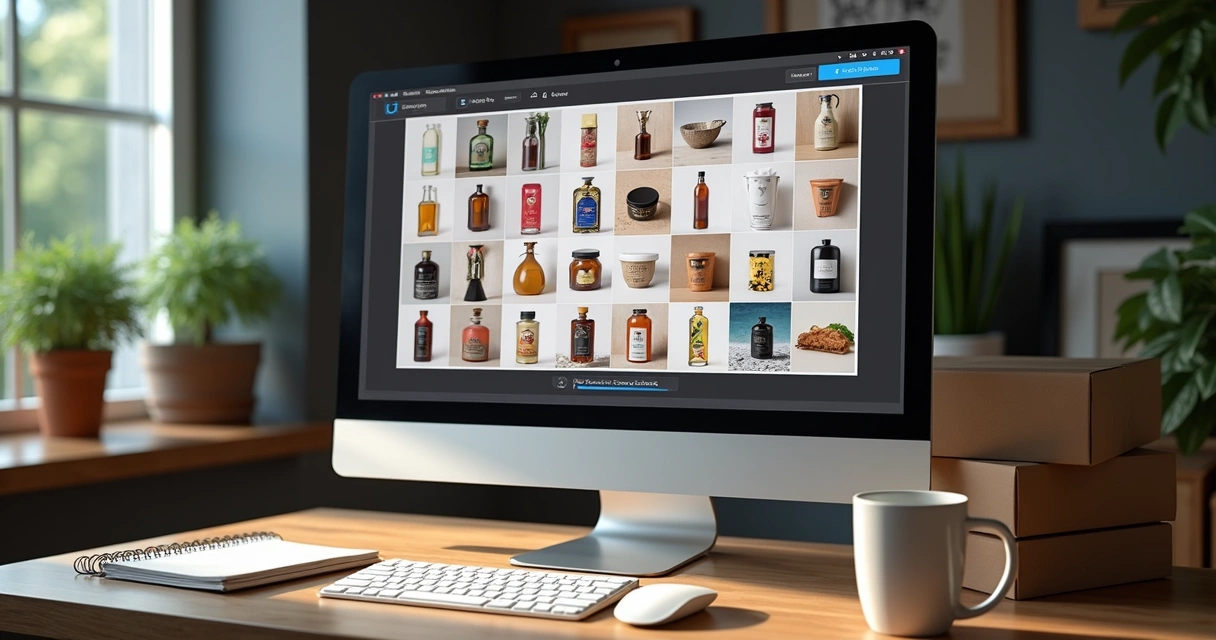 Tela de computador mostrando processamento em lote de imagens de produtos 
