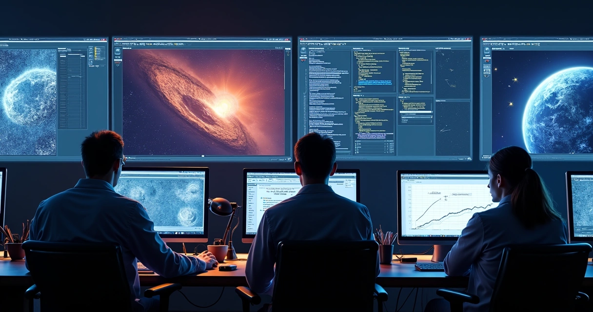 Técnicos processando dados de telescópios sobre o cometa 3I/ATLAS em um laboratório moderno 