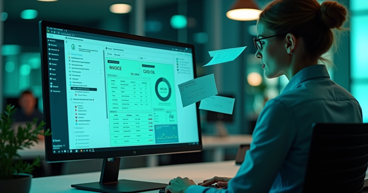 Processamento automatizado de notas fiscais por agente de IA em tela de computador 