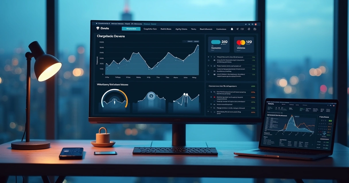 Dashboard com gráfico de chargebacks e ícones de segurança em pagamento digital 