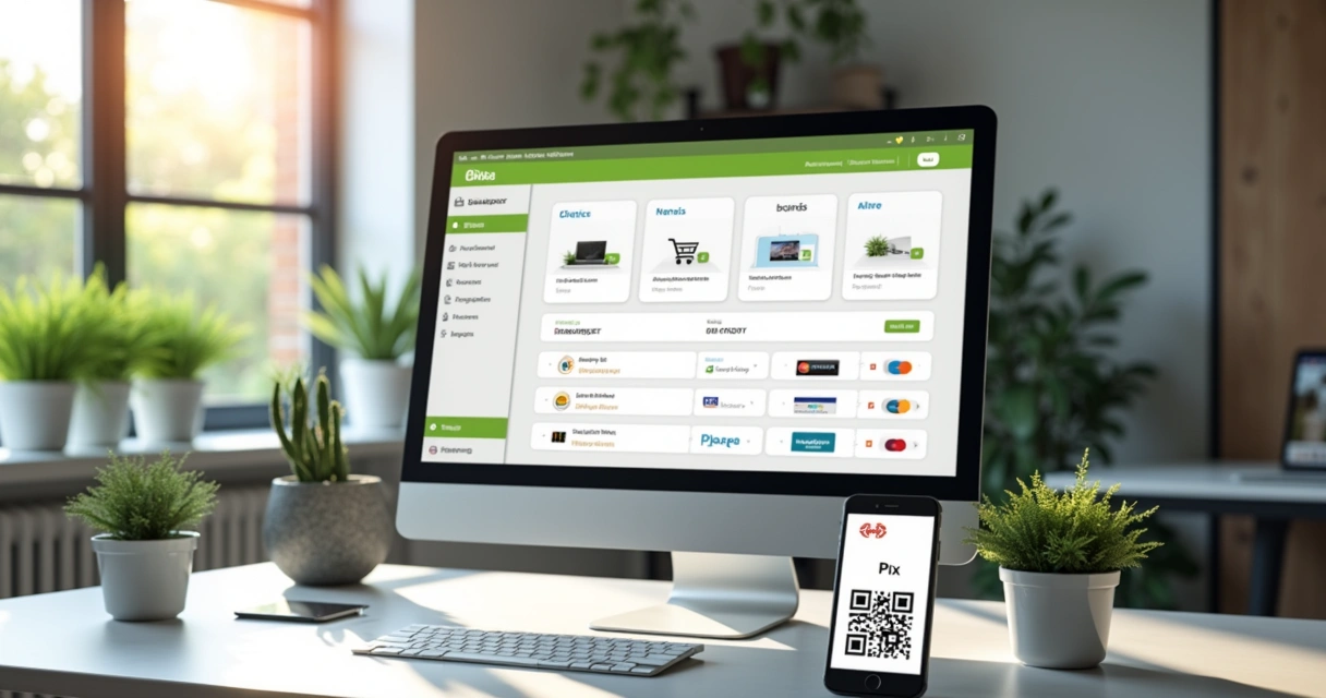 Computador exibindo interface de processamento de pagamentos com diversos métodos na tela para loja Shopify 