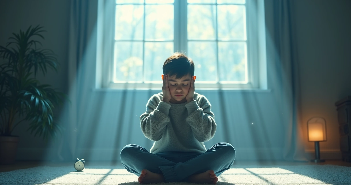 Luz forte passando por janela sobre jovem cobrindo os ouvidos 