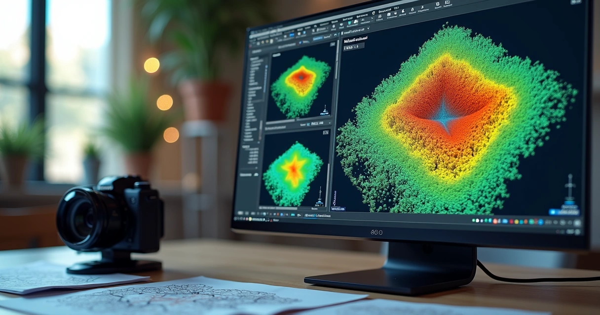 Tela de computador mostrando software fotogramétrico com nuvem de pontos 