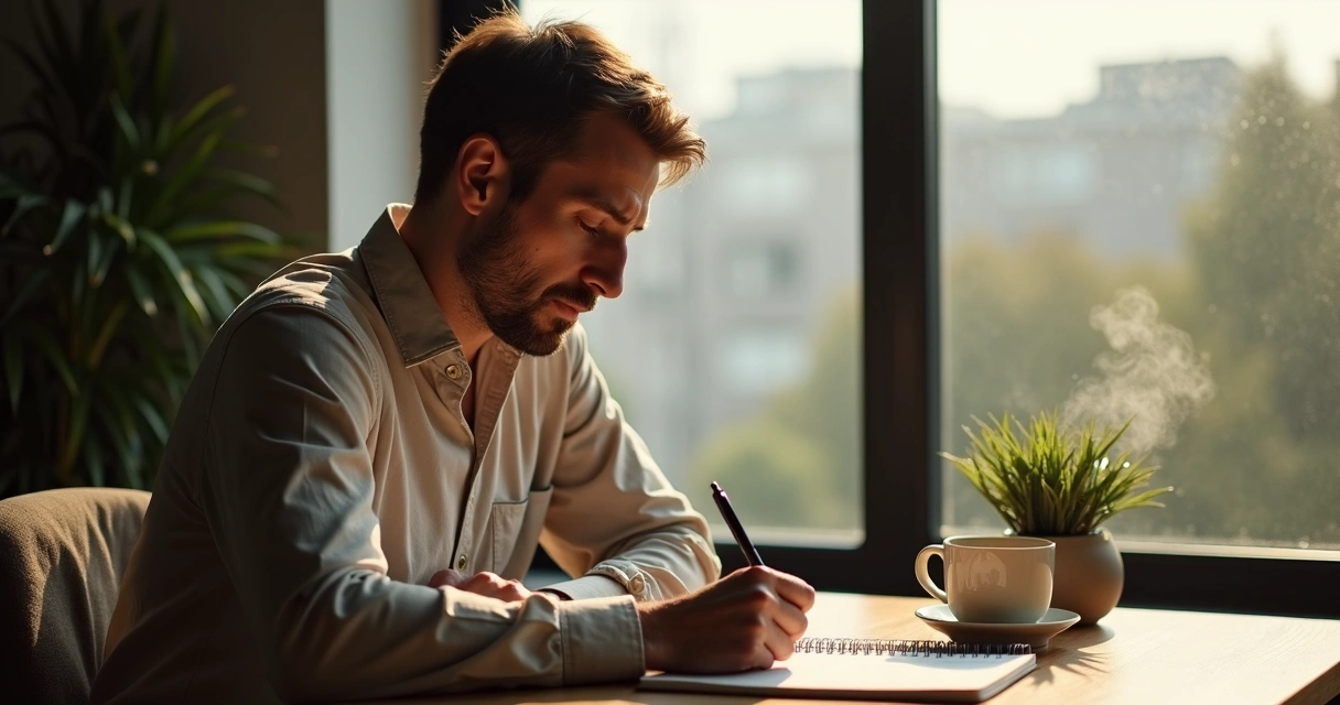 Person journaling by a window, reflecting calmly with light and shadow on their face 