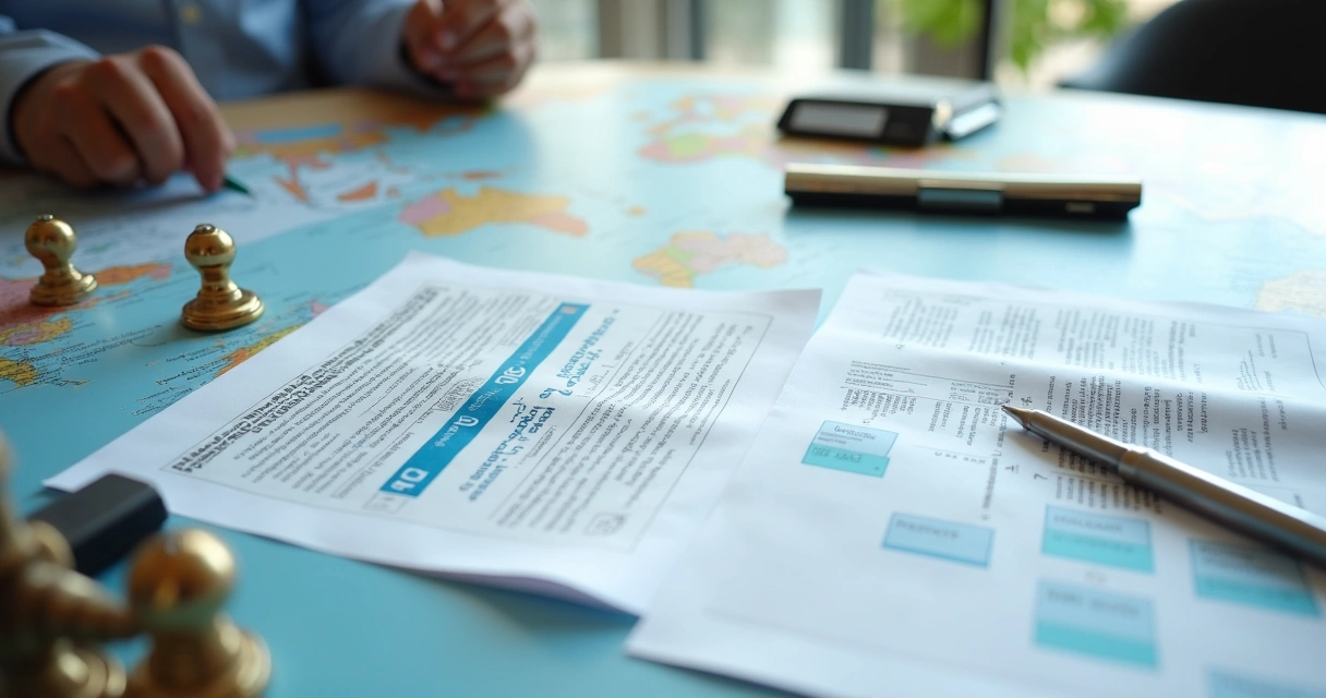 Fluxo de etapas do processo de abertura de empresa offshore, com documentos, mapas e carimbos organizados em uma mesa.